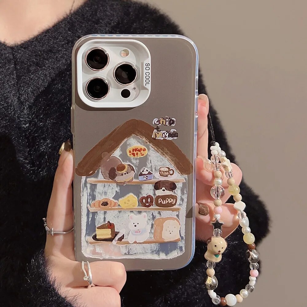 Bread Bracelet Phone Chain Case for iPhone- Cartoon Puppy Silicone Girl Phone Cover Coque for Playful Elegance.