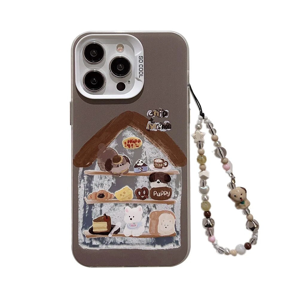 Bread Bracelet Phone Chain Case for iPhone- Cartoon Puppy Silicone Girl Phone Cover Coque for Playful Elegance.