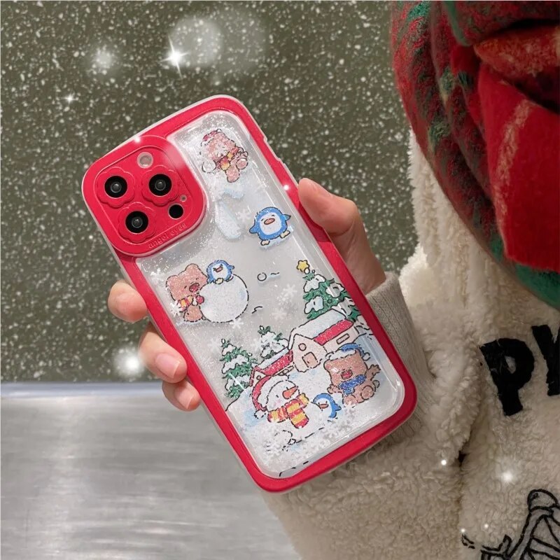 Flowing Sand Christmas Tree, Snowman, and Snowflake Red Phone Case