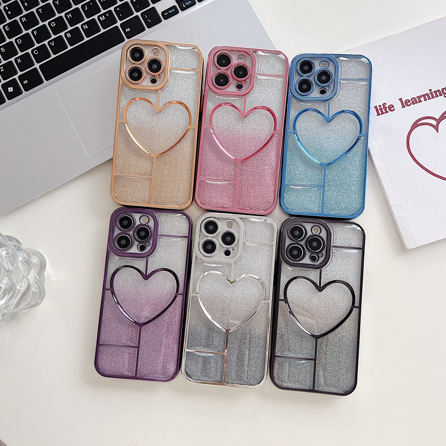 Luxury Romance Plating Flash Powder Heart Phone Case For iPhone
