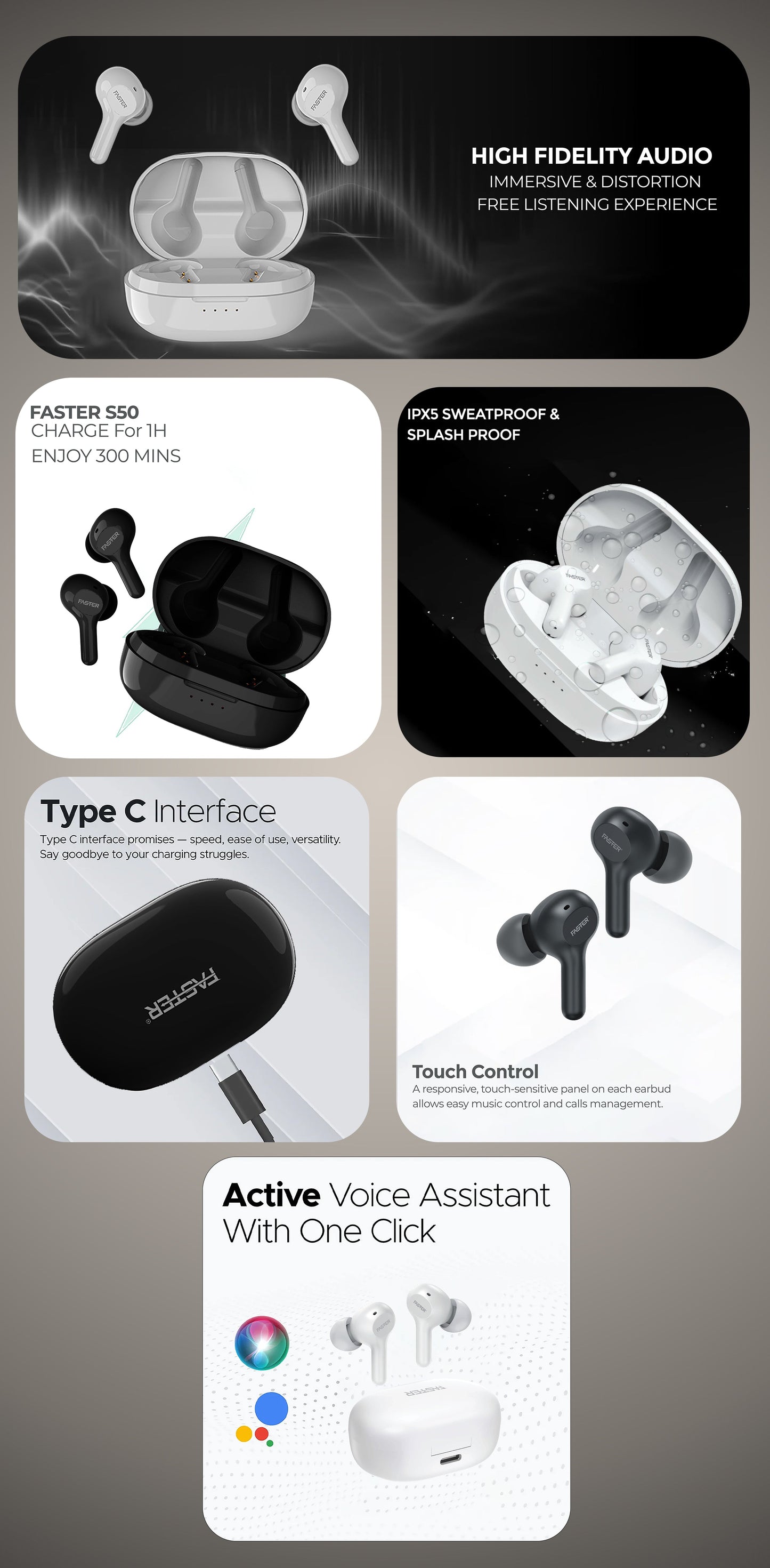 Unleash Your Music: FASTER S50 Wireless Stereo Earbuds