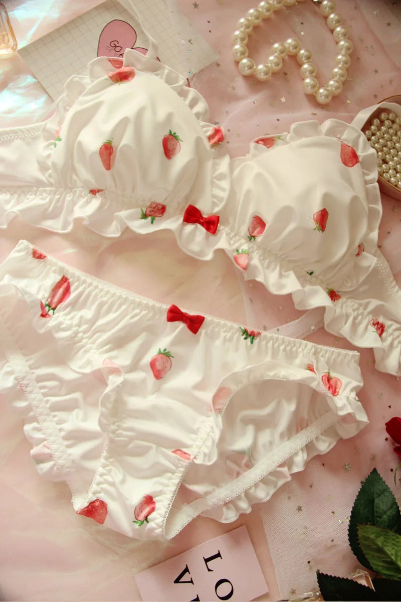 Strawberry Cute Japanese Milk Silk Bra & Panties Set Wirefree Soft Underwear Set Kawaii Lolita Bra and Panty Set Pink Lingerie