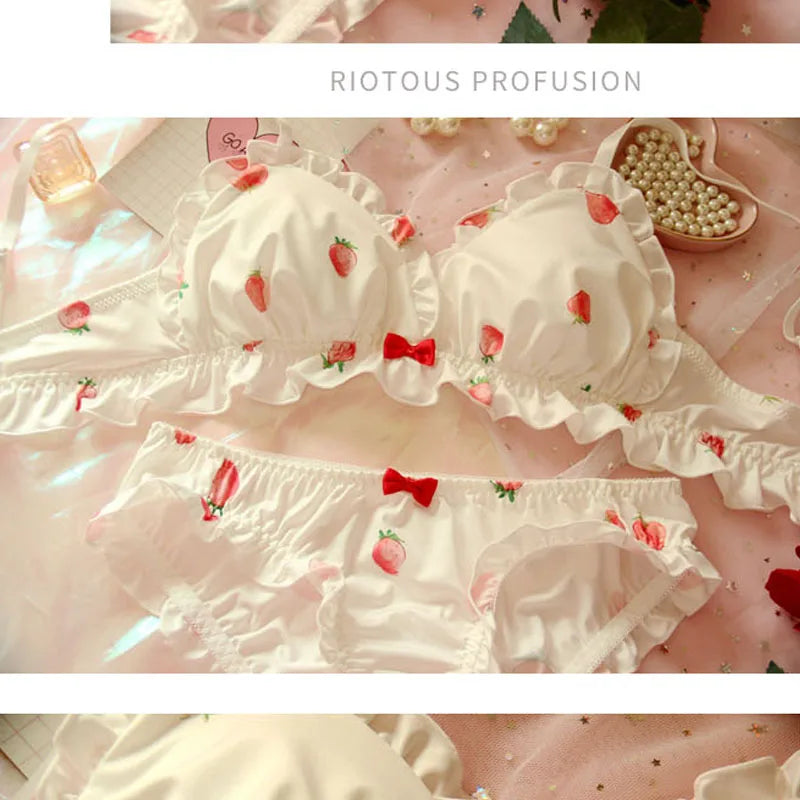 Strawberry Cute Japanese Milk Silk Bra & Panties Set Wirefree Soft Underwear Set Kawaii Lolita Bra and Panty Set Pink Lingerie
