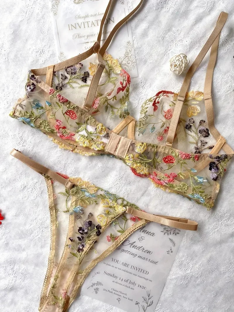 Yimunancy Sheer Floral Embroidered Lingerie Set for Women - Boho 2-Piece Bra and Panty Underwear Set, Intimate Wear