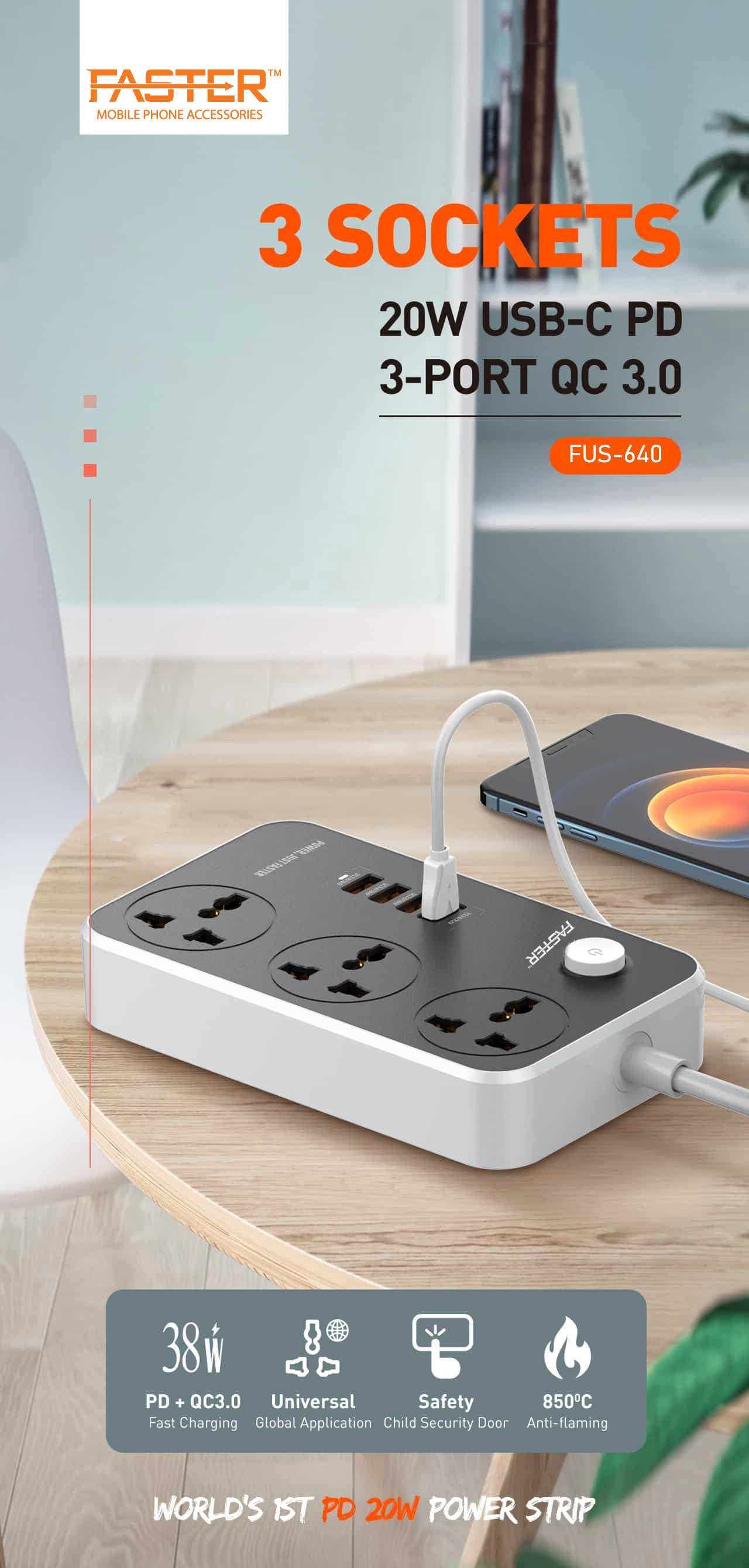 FASTER FUS-640 Power Strip Extension with PD and QC3.0 USB Ports