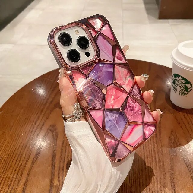 Marble Diamond Pattern Plating Phone Case for iPhone Full Cover Protection with a Soft Silicone Cover