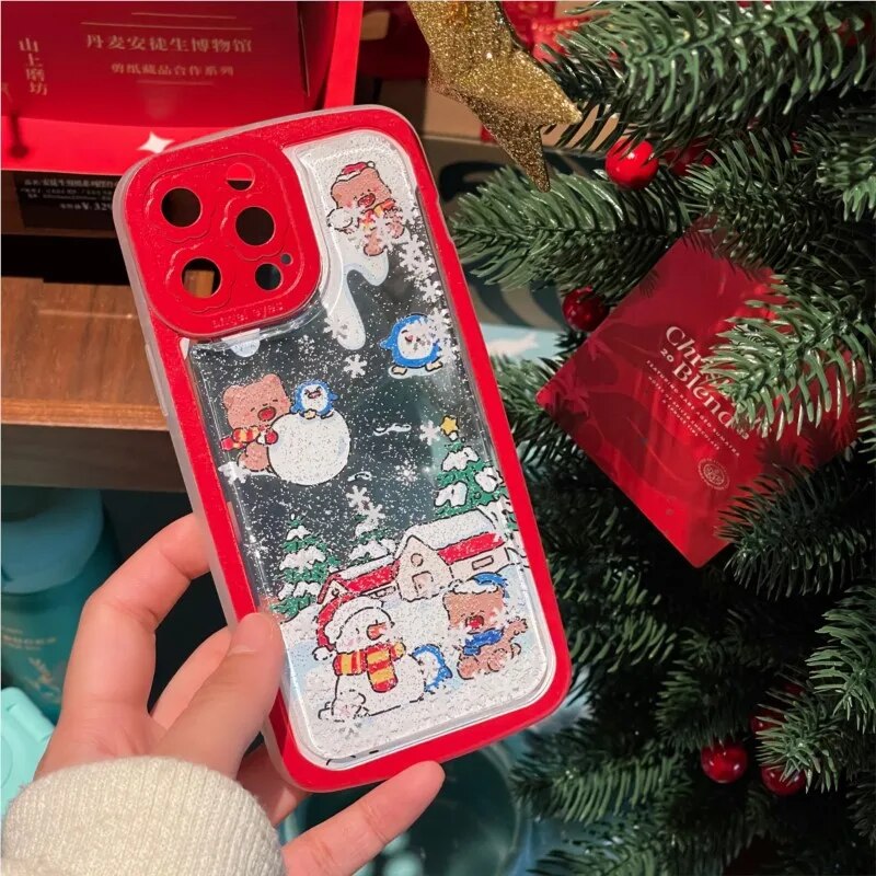 Flowing Sand Christmas Tree, Snowman, and Snowflake Red Phone Case