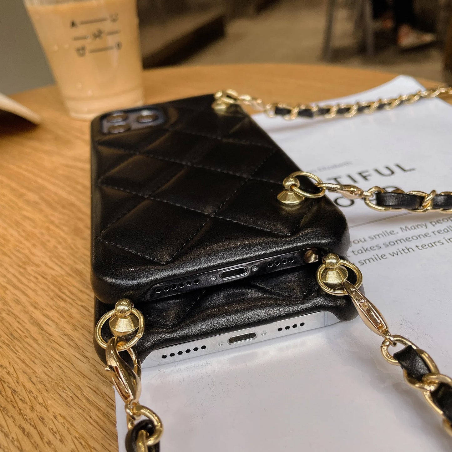 Fashion Long Metal Chain Cross Body Handbag Design Lambskin Leather Case CoverFor Iphone