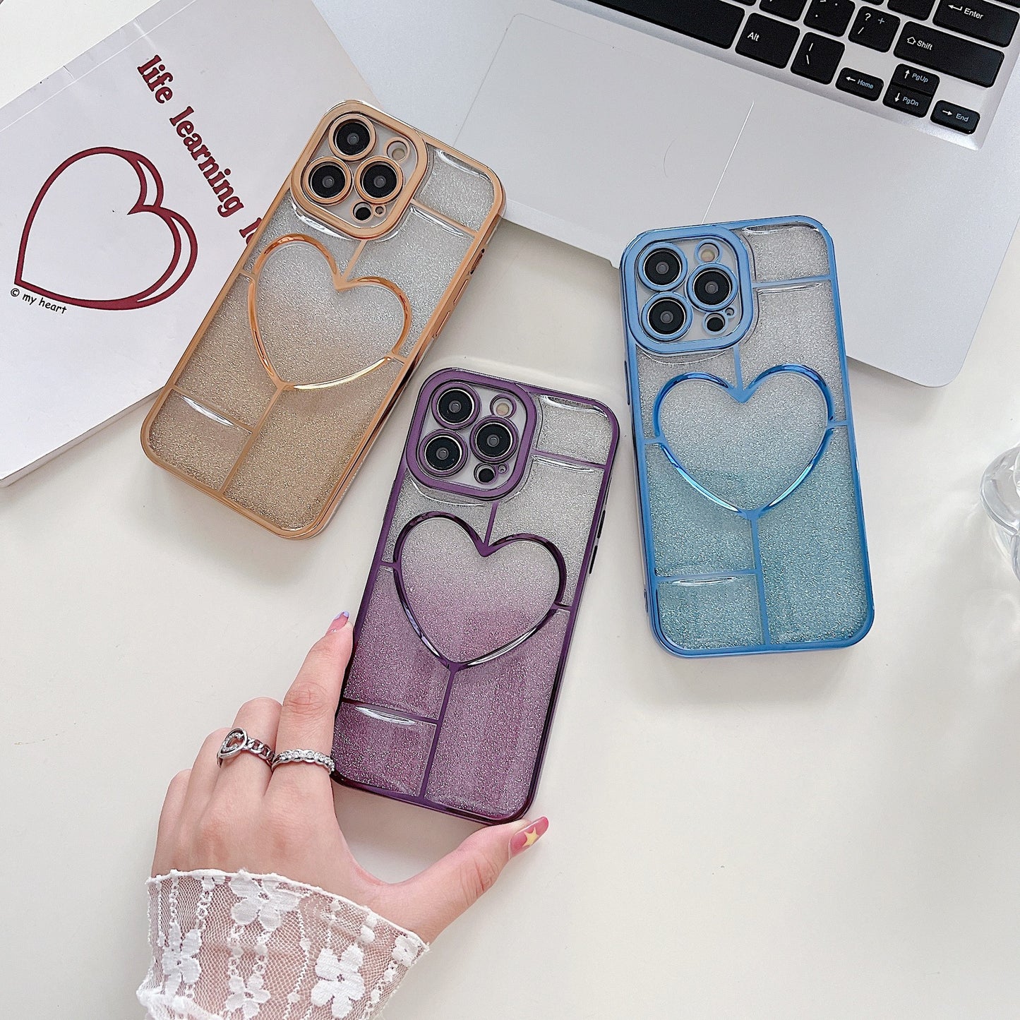 Luxury Romance Plating Flash Powder Heart Phone Case For iPhone
