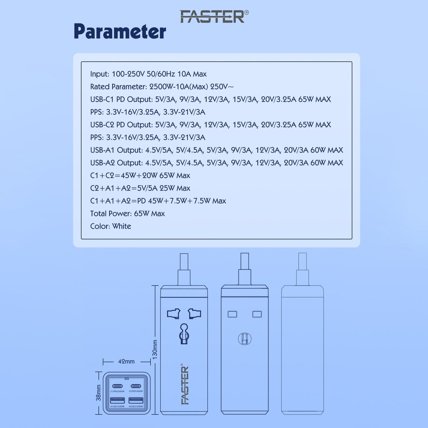 FASTER 2 USB 2PD 65W POWER EXTENSION