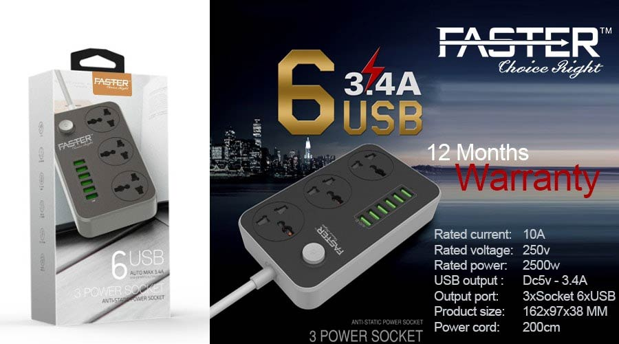 Versatile Power Hub: FASTER FUS-630 with 3 Power Sockets and 6 USB Ports Auto Max 3.4A"  Meta Description: